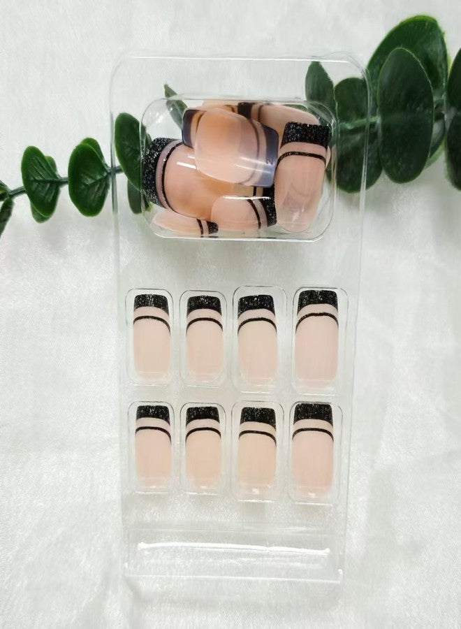 NBNTGH French Tip Press on Nails Short Square Fake Nails with Design Black Line False Nail Glitter Glue on Nails Glossy Full Cover Artificial Acrylic Nail Bling Nude Stick on Nail for Women Manicure 24pcs - Image 4